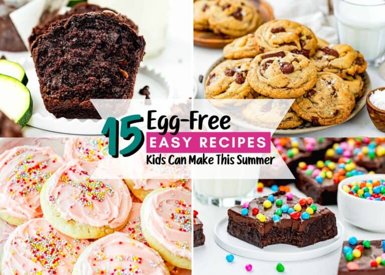 A collage of baked goods, including chocolate muffins, cookies, frosted sugar cookies, and brownies, with text reading "15 Egg-Free Recipes Kids Can Make This Summer.