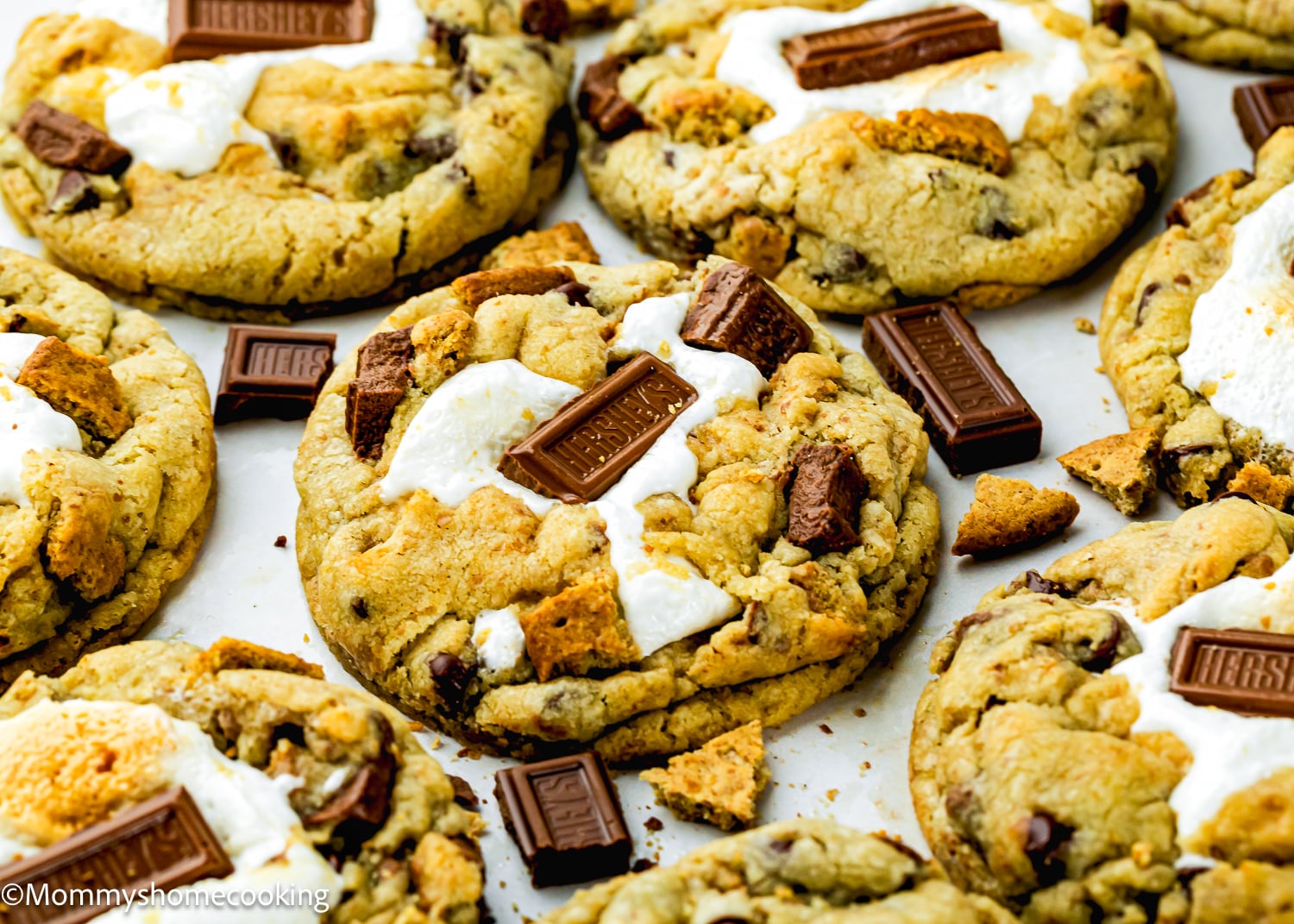 Close-up of Egg-Free S’mores Cookies topped with melted marshmallows, chocolate pieces, and graham crackers.