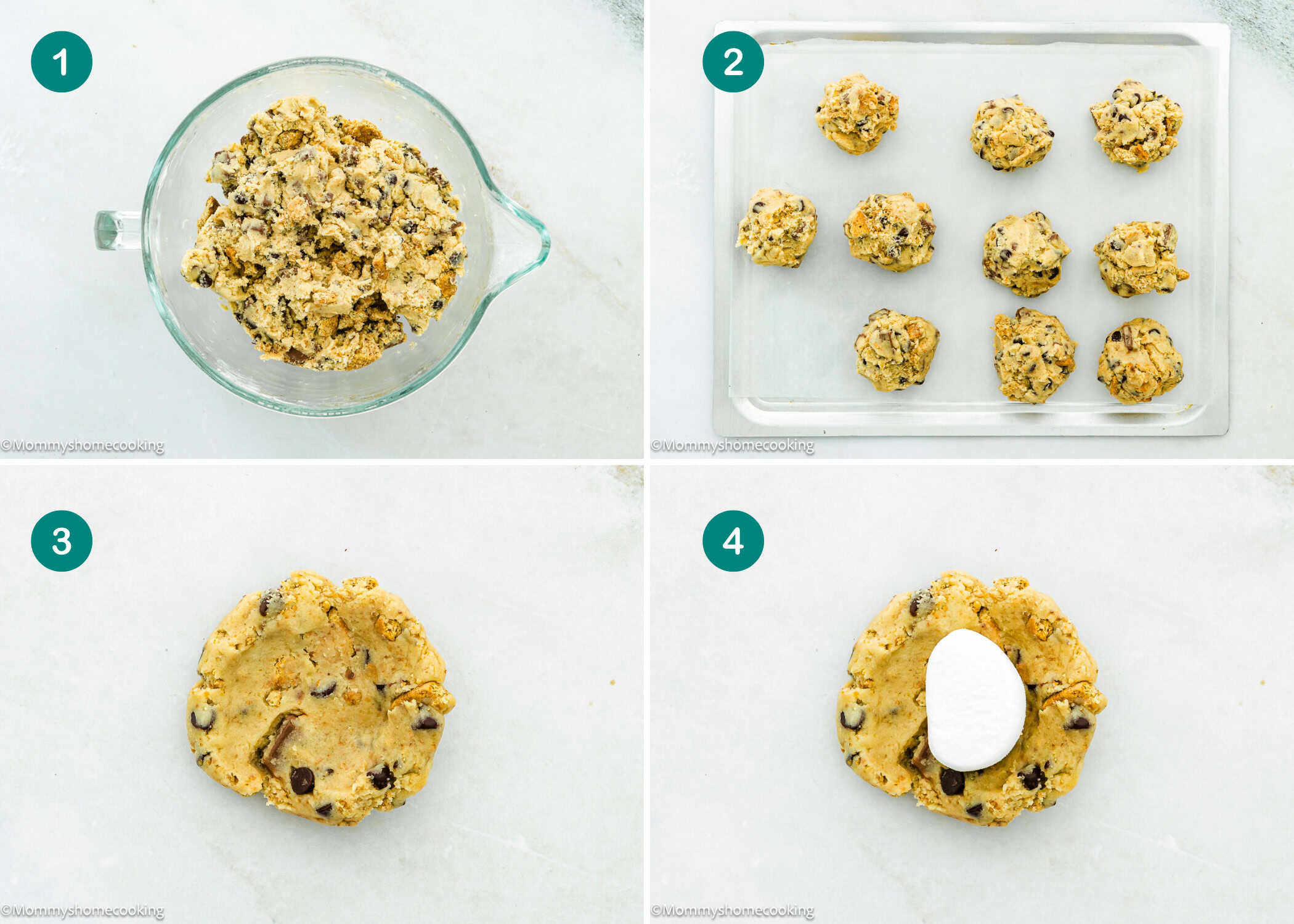 Step-by-step images show Egg-Free S’mores Cookies dough in a bowl, dough balls on a tray, a flattened dough ball, and a marshmallow placed on top.
