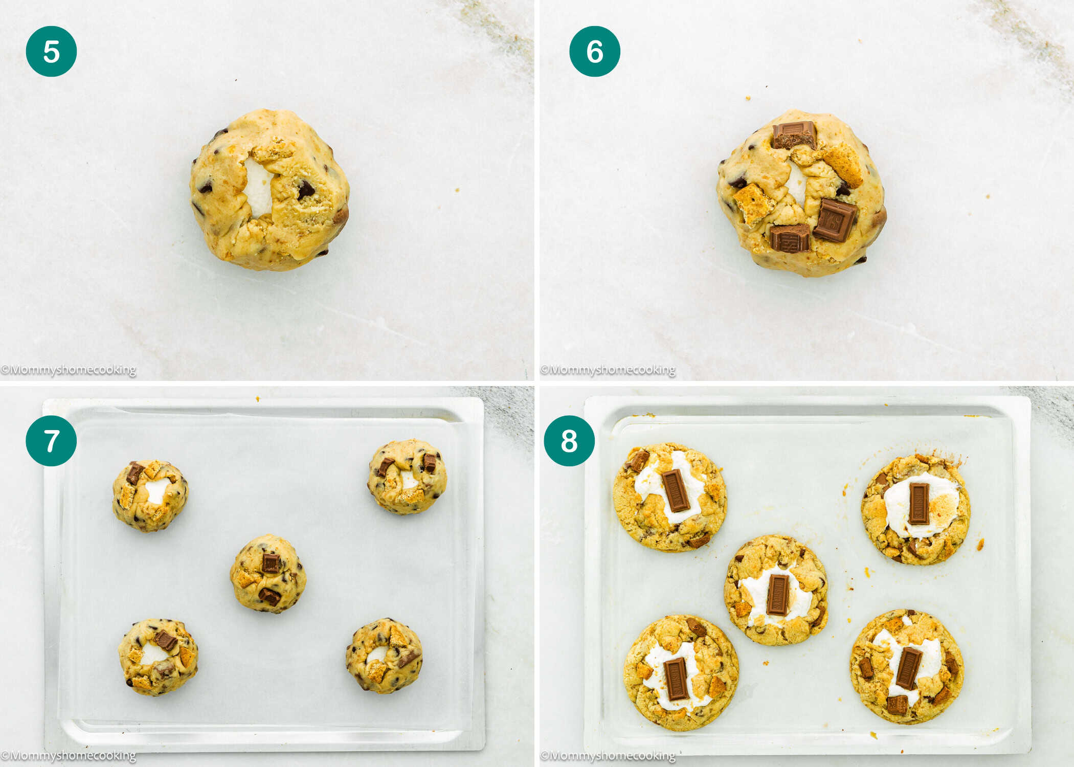 Step-by-step images show Egg-Free S’mores Cookies dough topped with chocolate pieces and marshmallows, then arranged on a baking sheet before and after baking.