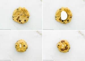 Four-step process of assembling Egg-Free S’mores Cookies: plain cookie dough, dough with marshmallow, dough folded over marshmallow, and topped with chocolate pieces.