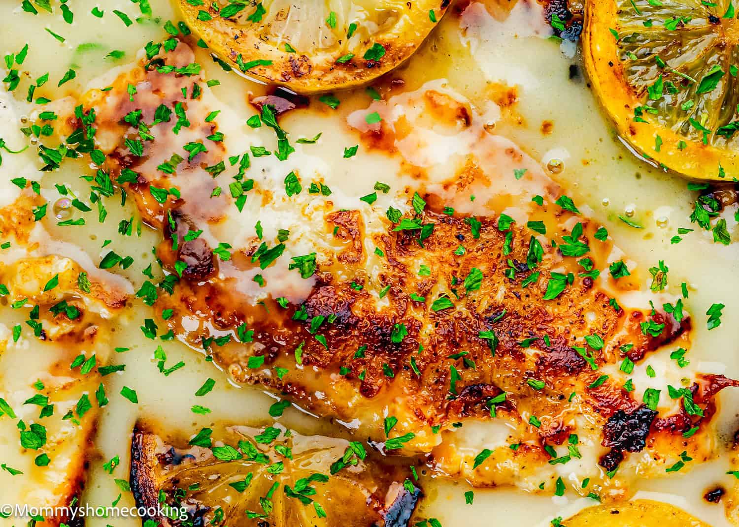 Close-up of Eggless Chicken Francese fillet topped with chopped parsley, surrounded by lemon slices and creamy sauce.