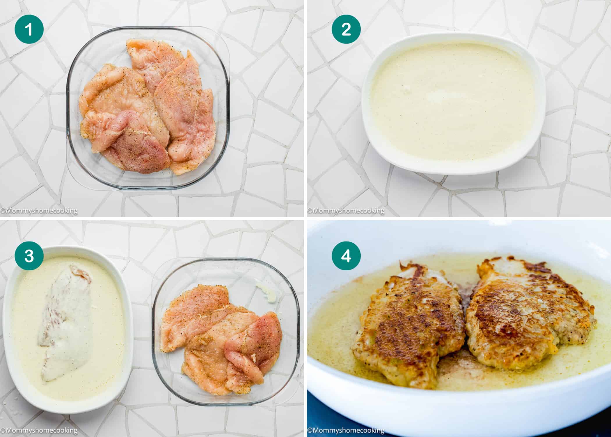 Step-by-step photos show Eggless Chicken Francese (Chicken French) fillets in a dish, dipping them in the breading mixture, and pan-frying the coated chicken to golden perfection.
