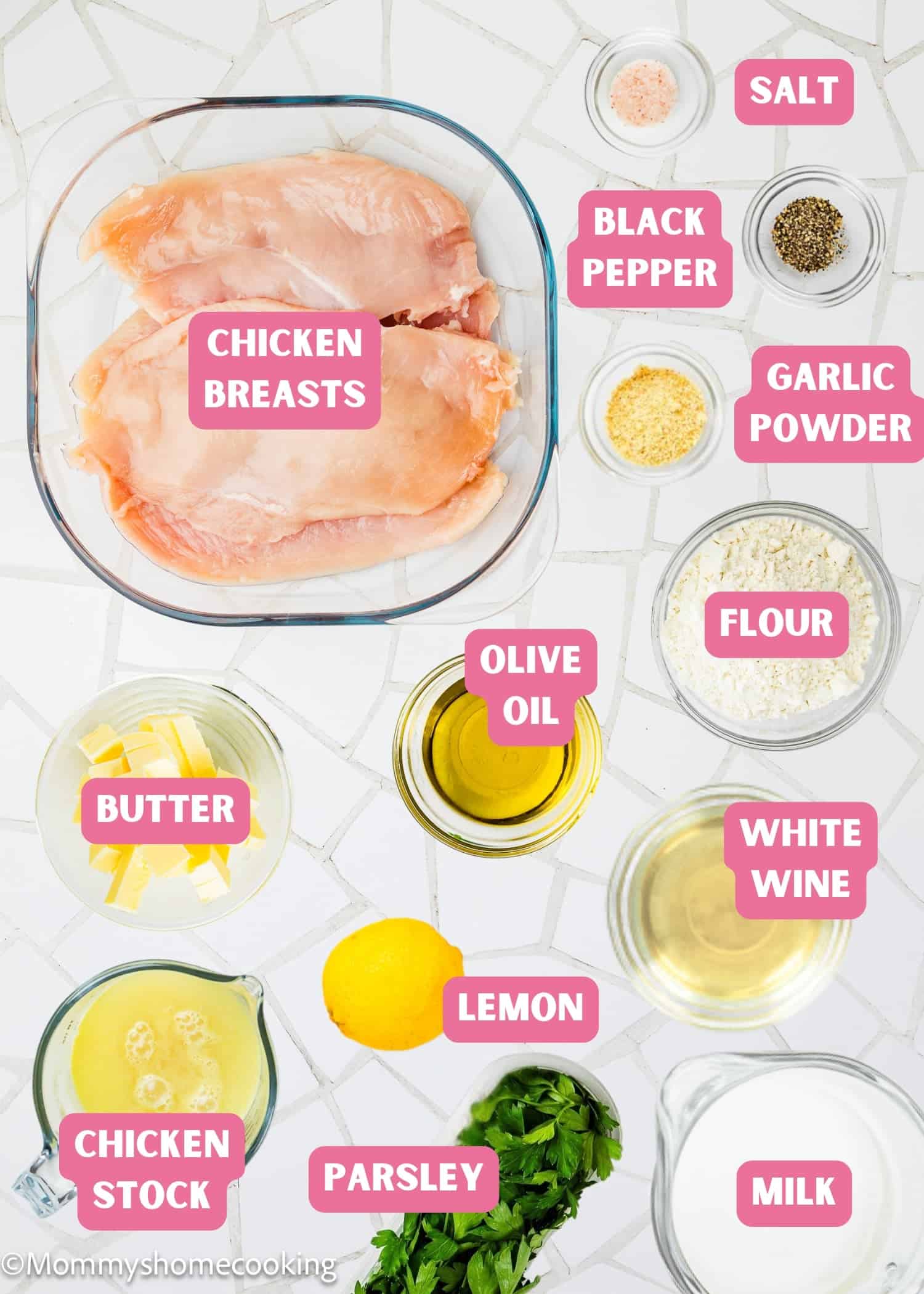 Top-down view of ingredients for Eggless Chicken Francese (Chicken French), featuring chicken breasts, butter, olive oil, flour, garlic powder, salt, pepper, white wine, milk, chicken stock, lemon, and parsley.