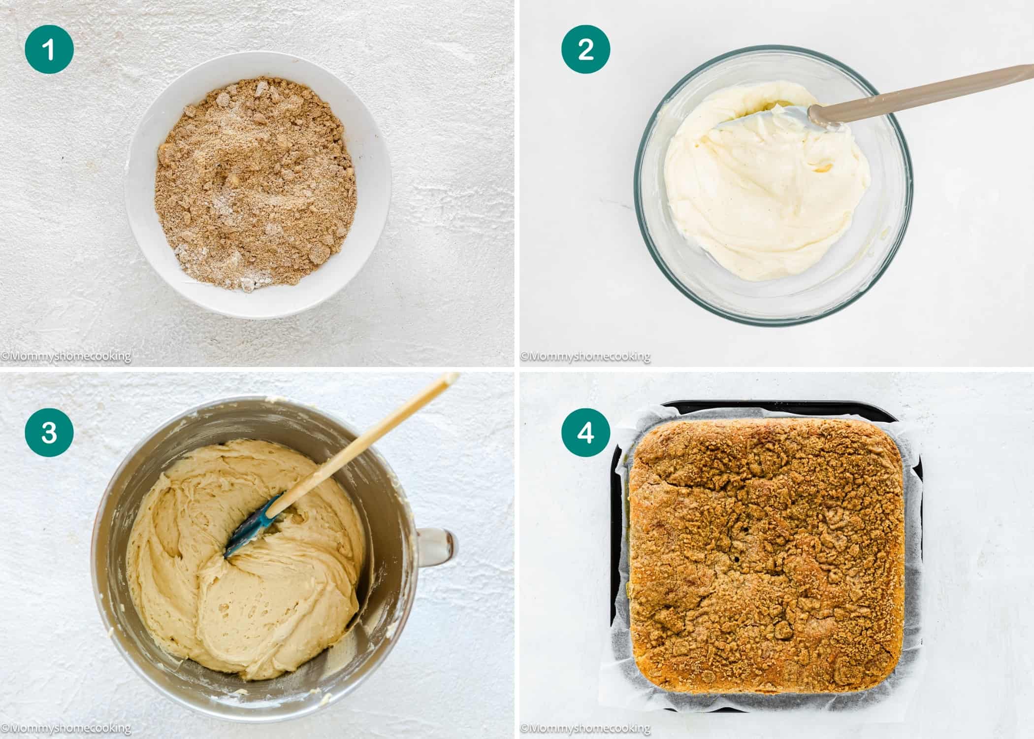 A four-step collage shows the process of making an Eggless Cream Cheese Coffee Cake: mixing dry ingredients, combining wet ingredients, mixing batter, and a finished baked square cake.