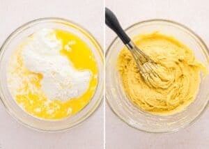 Two glass bowls: one with flour, melted butter, and yogurt for Eggless Ooey Gooey Butter Bars (Neiman Marcus Bars); the other shows the ingredients whisked into a thick yellow batter.