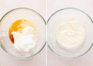 Two glass bowls: one with cream cheese, powdered sugar, and vanilla; the other with the mixture blended into a smooth, creamy consistency for Eggless Ooey Gooey Butter Bars (Neiman Marcus Bars).