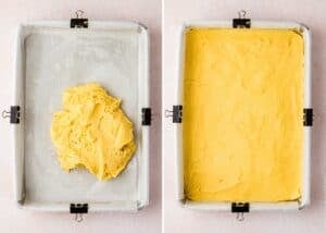 Side-by-side images show a baking tin lined with parchment; left: eggless ooey gooey butter bars (Neiman Marcus Bars) dough placed in center, right: dough evenly spread across the entire tin.