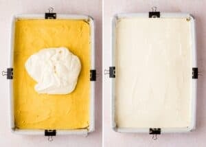 Side-by-side images show a baking pan with a yellow cake layer and a dollop of white cream for Eggless Ooey Gooey Butter Bars (Neiman Marcus Bars) on the left, and the same pan with the cream evenly spread on the right.