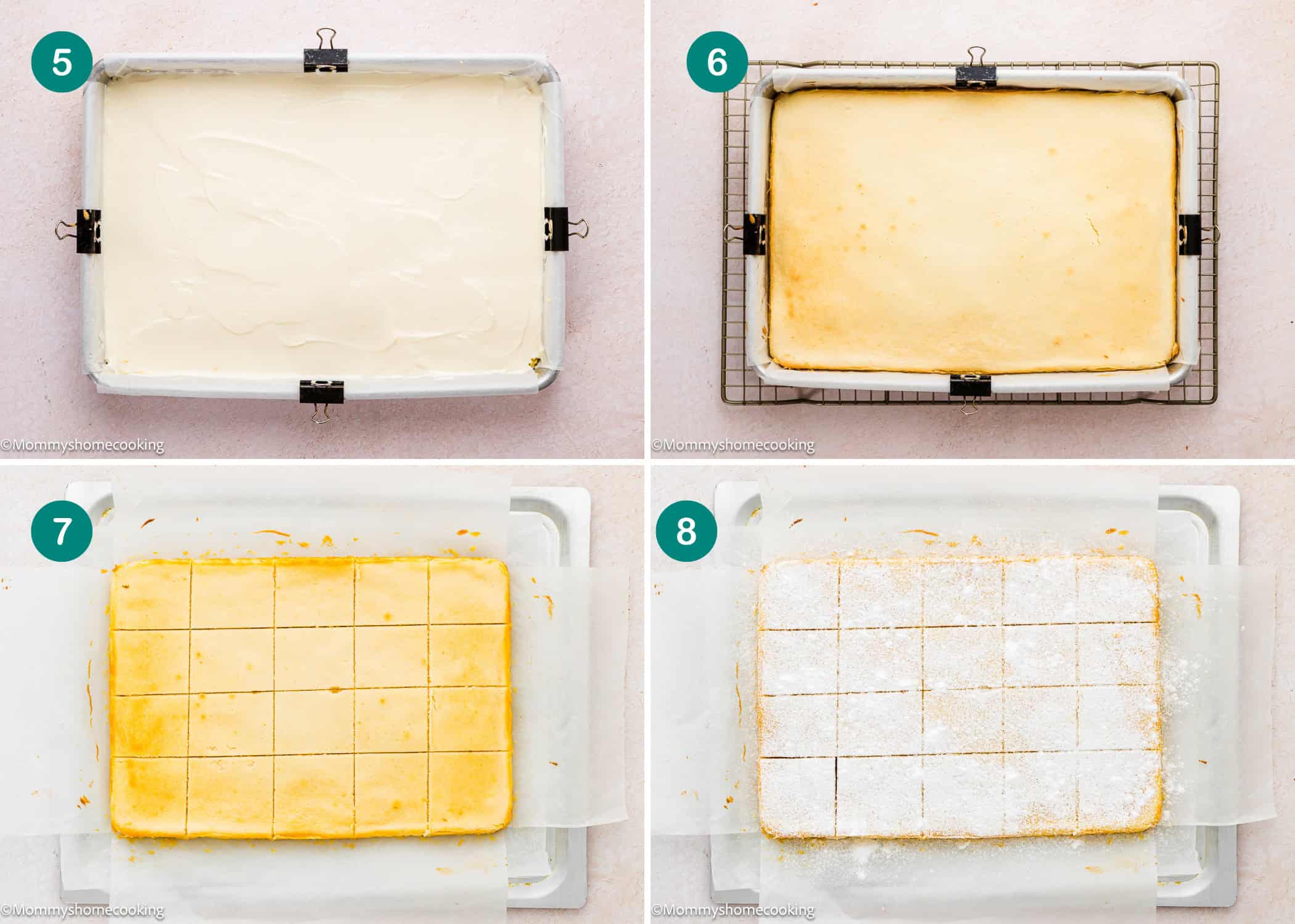 Four-step process of making Eggless Ooey Gooey Butter Bars: spreading batter in a pan, baking until golden, cutting into squares, and dusting with powdered sugar.