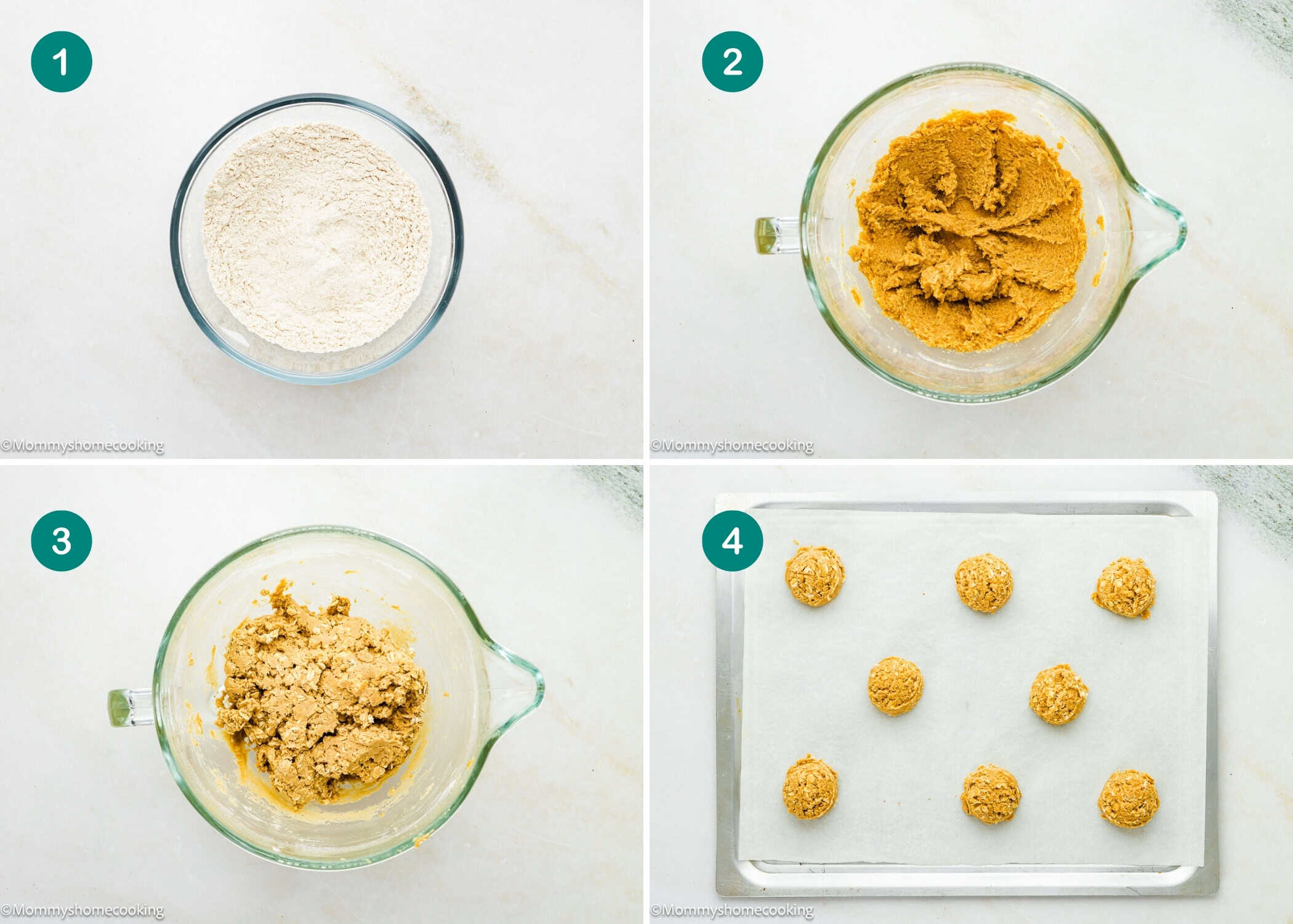 Step-by-step process of making Eggless Peanut Butter Oatmeal Cookies: mixing dry ingredients, creaming butter and sugar, combining ingredients, and forming dough balls on a baking sheet.