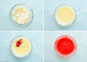 Four-step process shows white chocolate strawberry ganache and cream in a bowl, melted mixture, added food coloring, and a final smooth red mixture, all in separate glass bowls on a light blue surface.