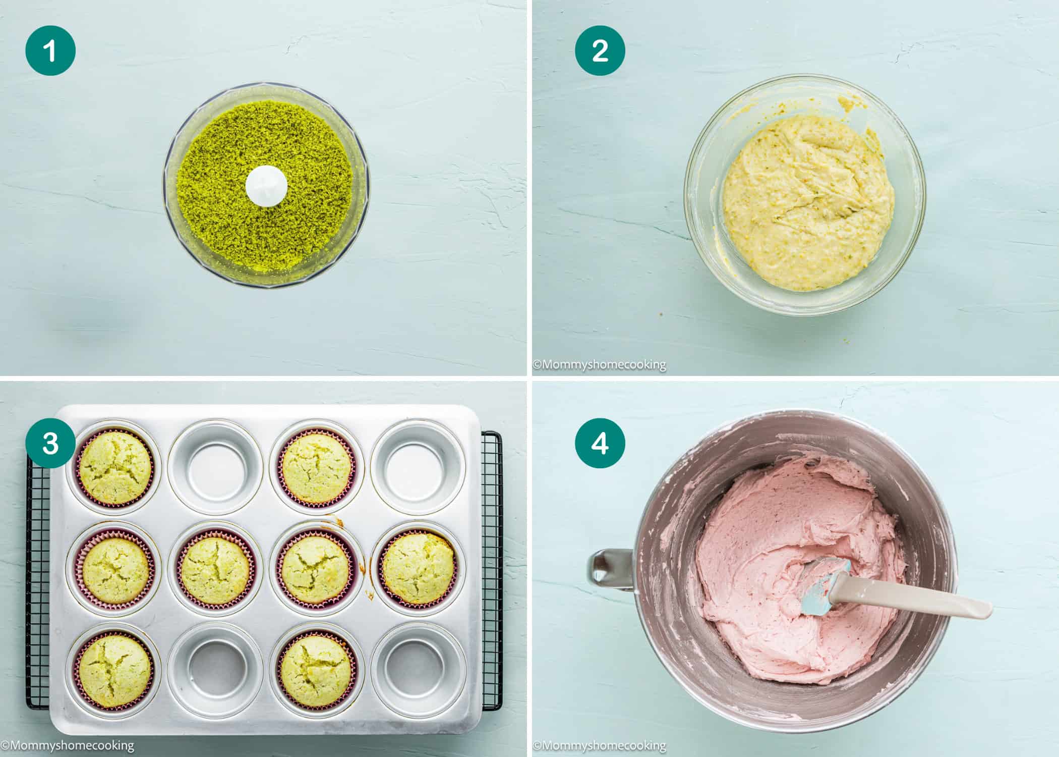 Four-step process for making Eggless Pistachio Cupcakes with Strawberry Buttercream: blending nuts, mixing batter, baked cupcakes in a tin, and a bowl of pink frosting with a spatula.