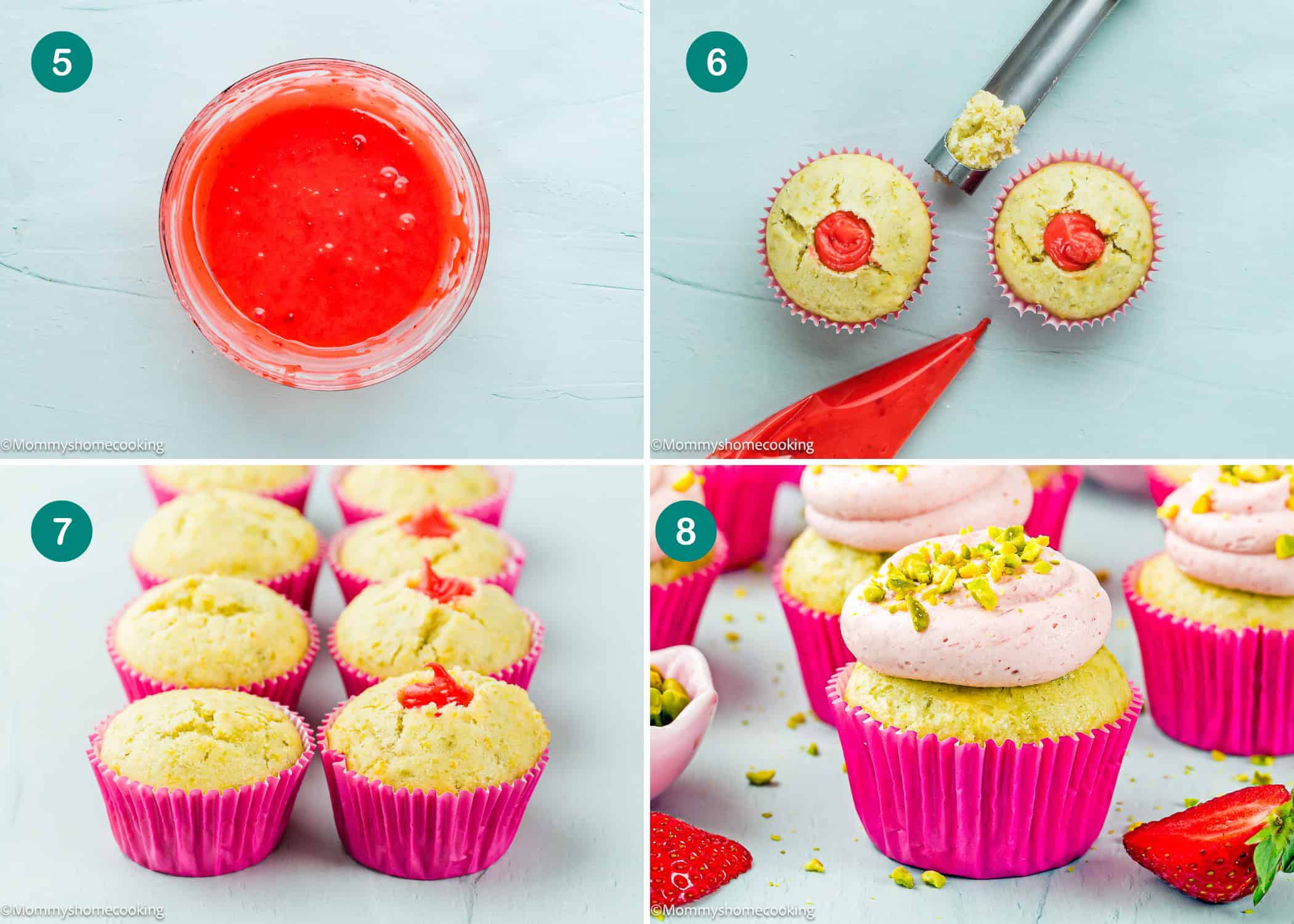 Four-step process for Eggless Pistachio Cupcakes with Strawberry Buttercream: strawberry sauce in a bowl, cupcakes being filled, pink-wrapped filled cupcakes, and finished treats topped with pink frosting and chopped pistachios.