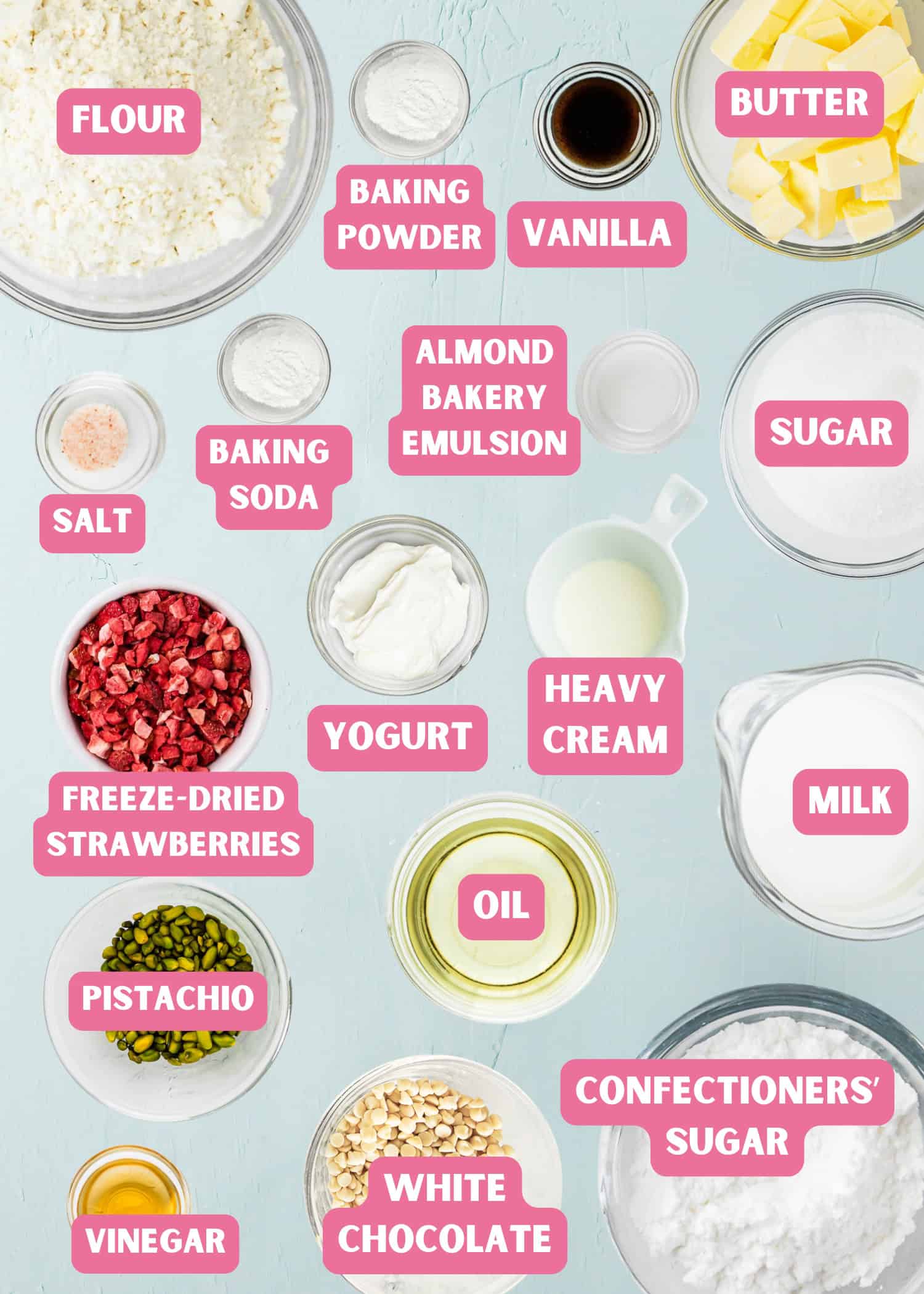 Various baking ingredients in bowls and plates, each labeled, for making Eggless Pistachio Cupcakes with Strawberry Buttercream—including flour, butter, sugar, yogurt, milk, heavy cream, pistachio, white chocolate, and freeze-dried strawberries.