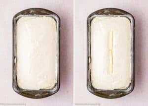 Two side-by-side bread pans filled with dough; the right pan, prepared for an Eggless Pound Cake Loaf, has four pieces of butter placed in a row on top of the dough.