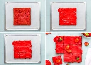 Four-step process of making Eggless Strawberry Brownies: baked square brownie, brownie covered with red glaze, glazed brownie cut into squares, and sliced brownies topped with fresh strawberries.