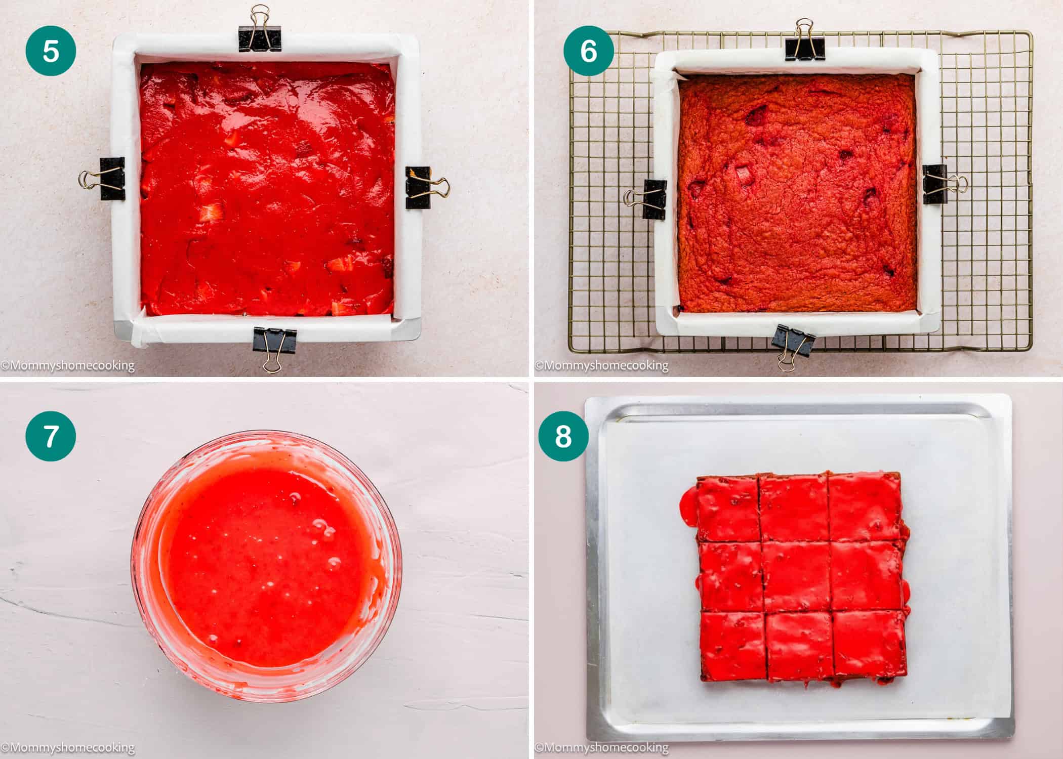 Four-step process for Eggless Strawberry Brownies: step 5 shows batter in a pan, step 6 shows baked bars, step 7 shows red glaze in a bowl, and step 8 displays cut and glazed brownies on a tray.