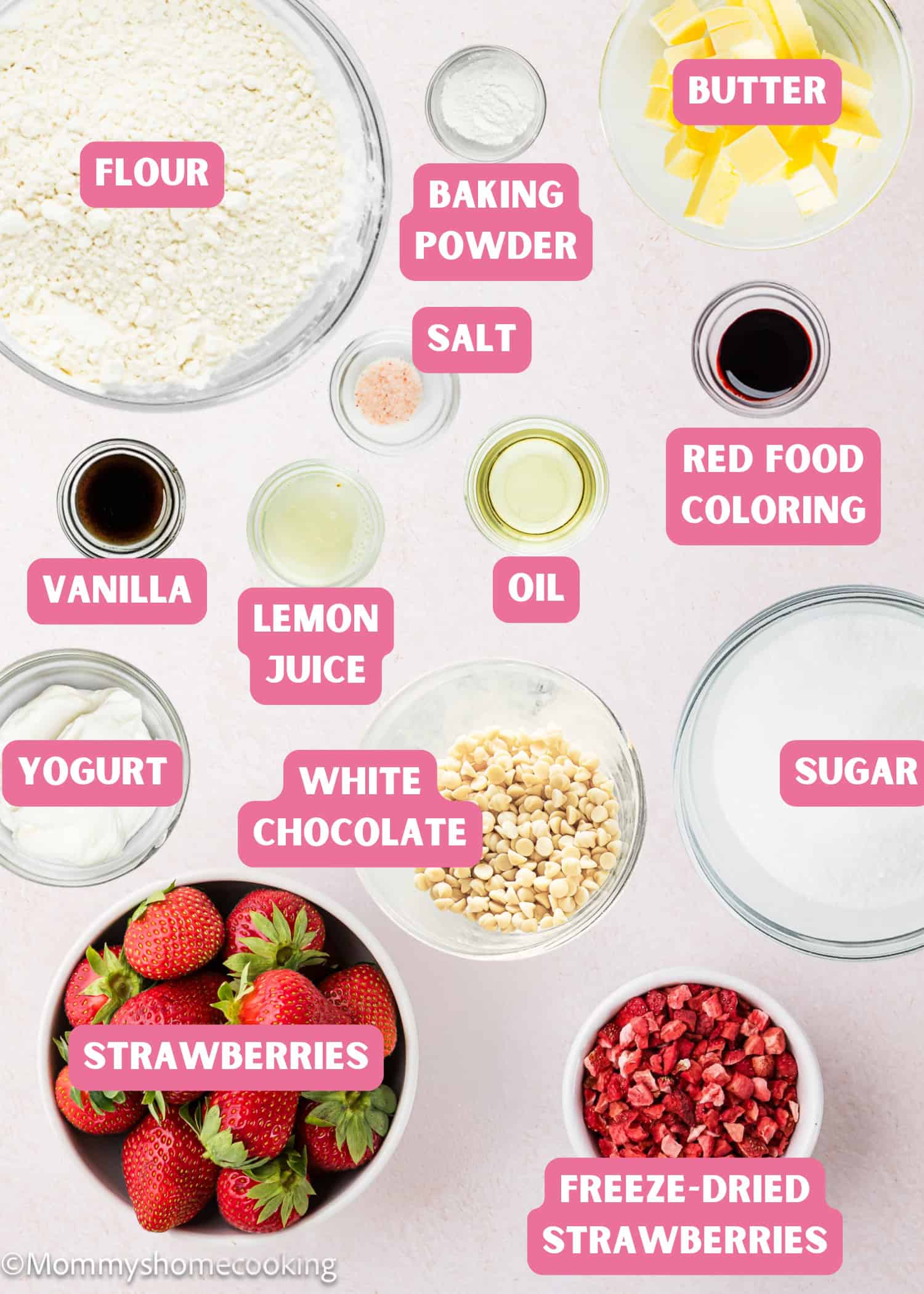 Top view of labeled baking ingredients for Eggless Strawberry Brownies in bowls and plates, including flour, sugar, butter, yogurt, strawberries, white chocolate, baking powder, salt, oil, vanilla, lemon juice, and red food coloring.