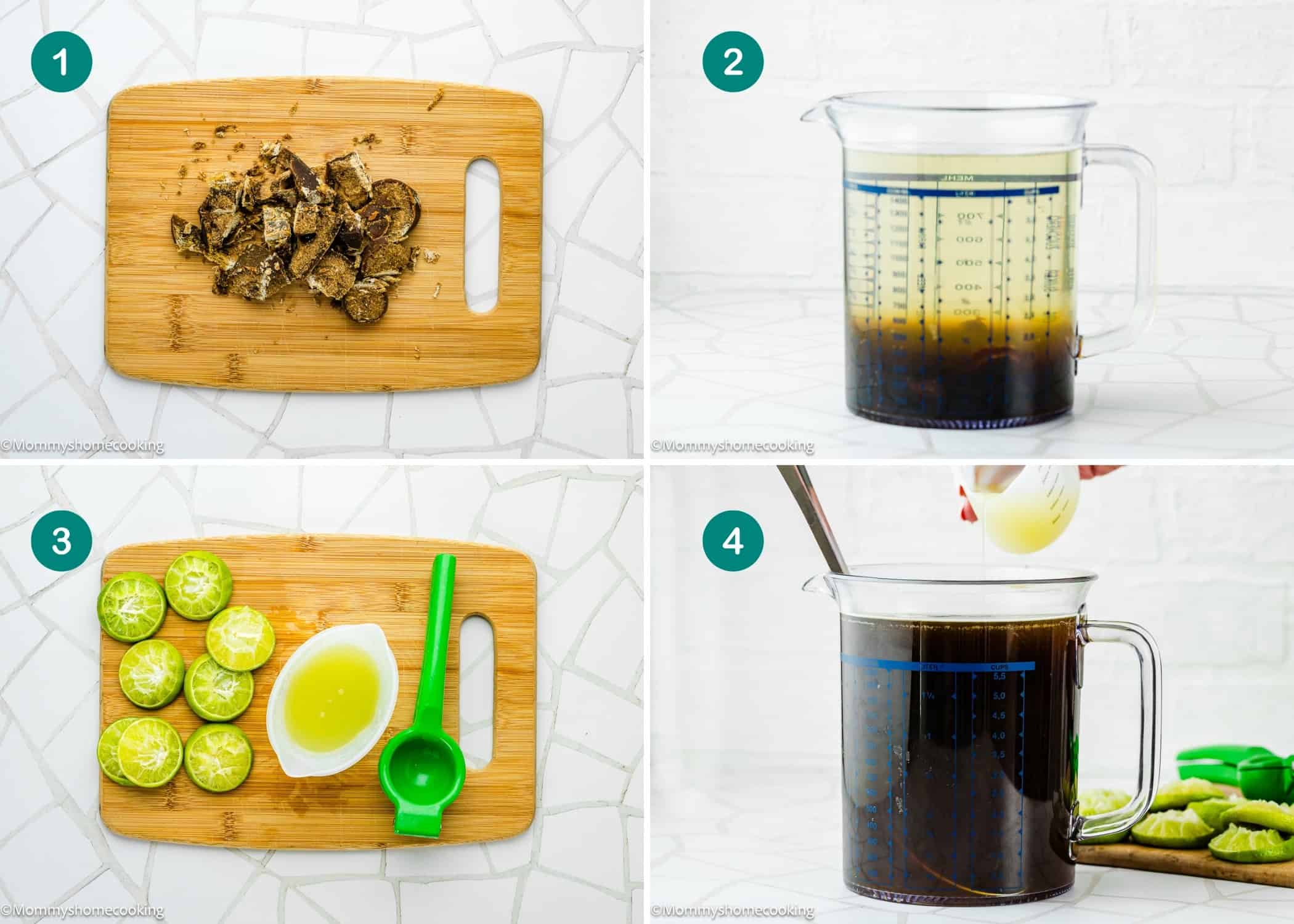 A four-step process for Papelón con Limón (Venezuelan Limeade): 1) dried tamarind on a cutting board, 2) tamarind soaking in water, 3) juiced limes beside a juicer, 4) pouring lime juice into tamarind liquid.