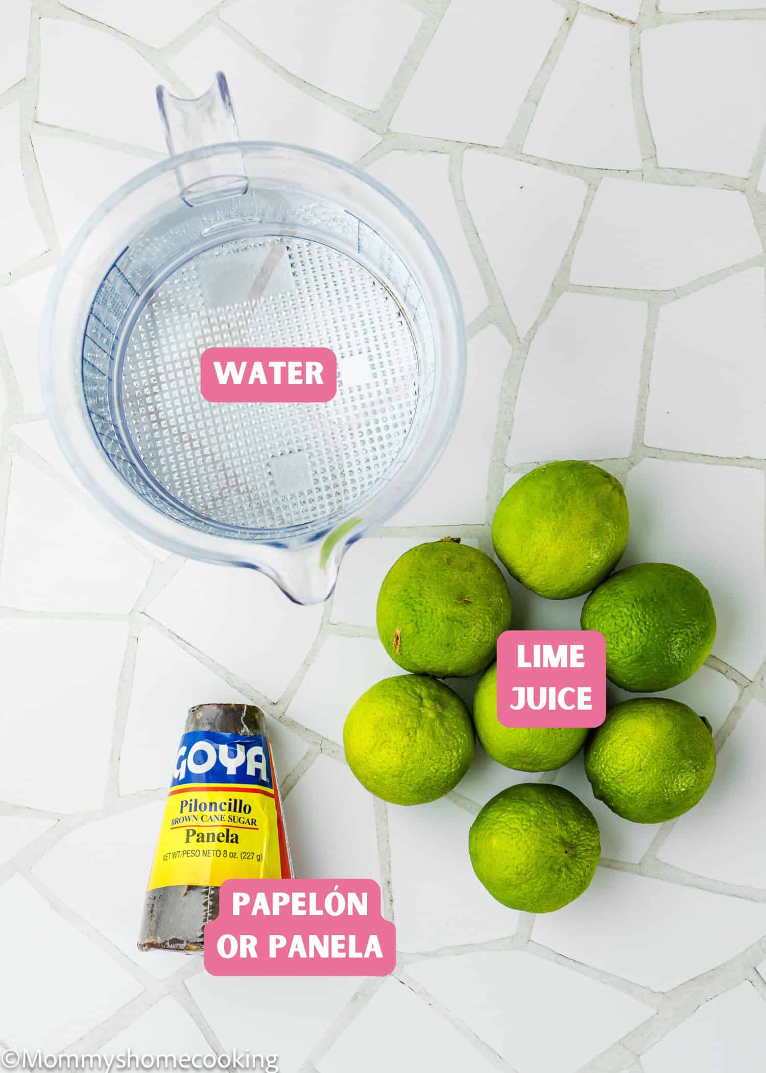 A clear pitcher of water, a group of limes, and a wrapped package of piloncillo or panela on a white tile surface, each labeled as ingredients for Papelón con Limón (Venezuelan Limeade).