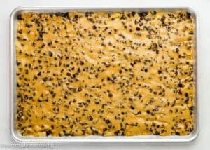 A baking sheet filled with egg-free sheet pan chocolate chip cookies dough, evenly spread out and ready for the oven.