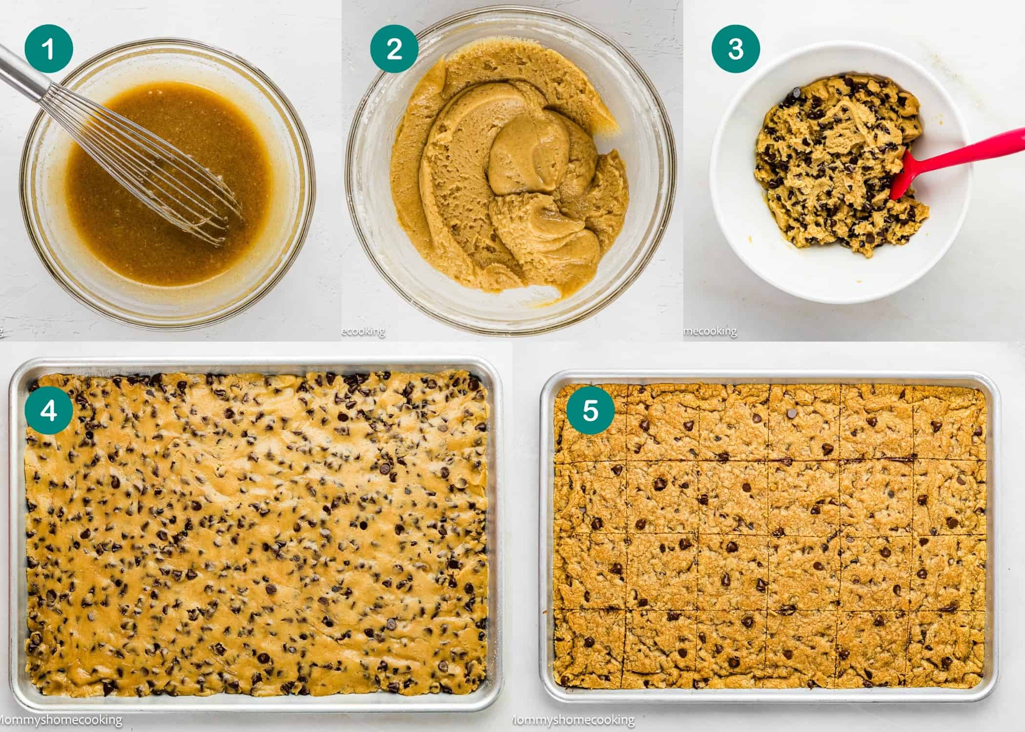 Five-step collage showing the process of making Egg-Free Sheet Pan Chocolate Chip Cookies: mixing wet ingredients, creaming mixture, folding in chocolate chips, spreading dough in a pan, and cutting baked bars into squares.