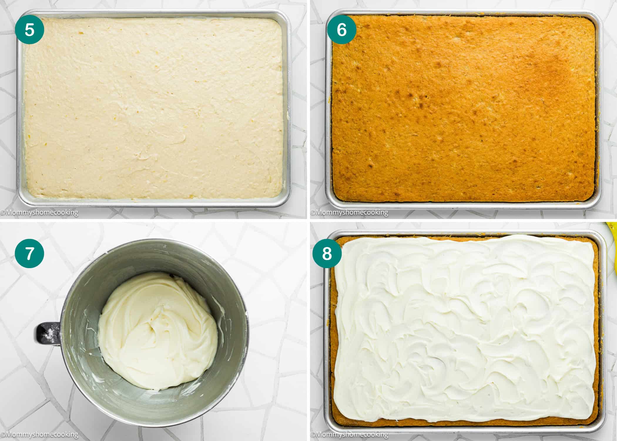 Four-step collage showing Eggless Banana Bars With Cream Cheese Frosting: cake batter in a pan, baked cake, a bowl of frosting, and the baked cake covered with frosting. Each step is numbered from 5 to 8.