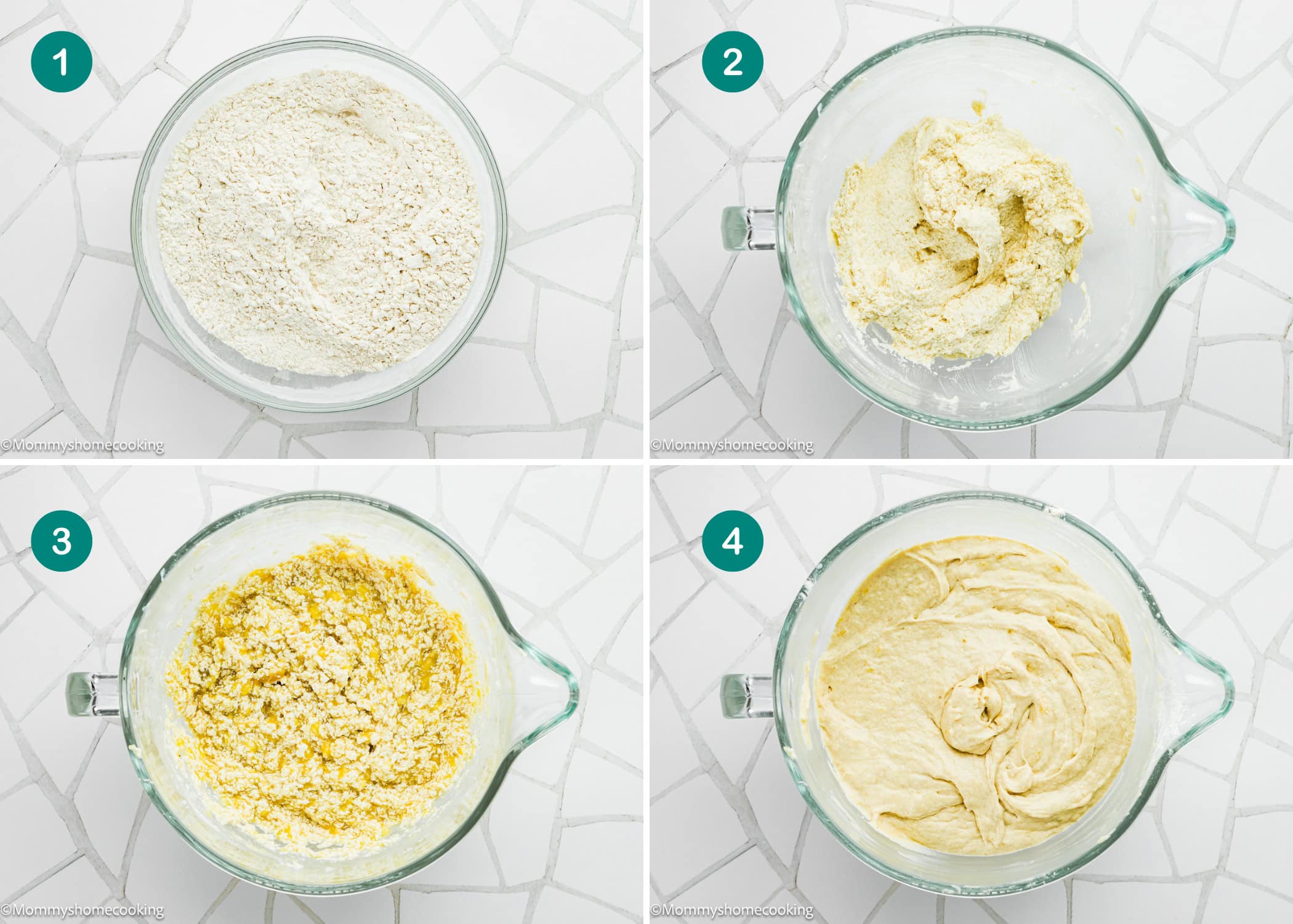 Four glass bowls numbered 1 to 4 display the process of making Eggless Banana Bars With Cream Cheese Frosting: dry ingredients, creamed mixture, partially combined batter, and a fully mixed smooth batter.
