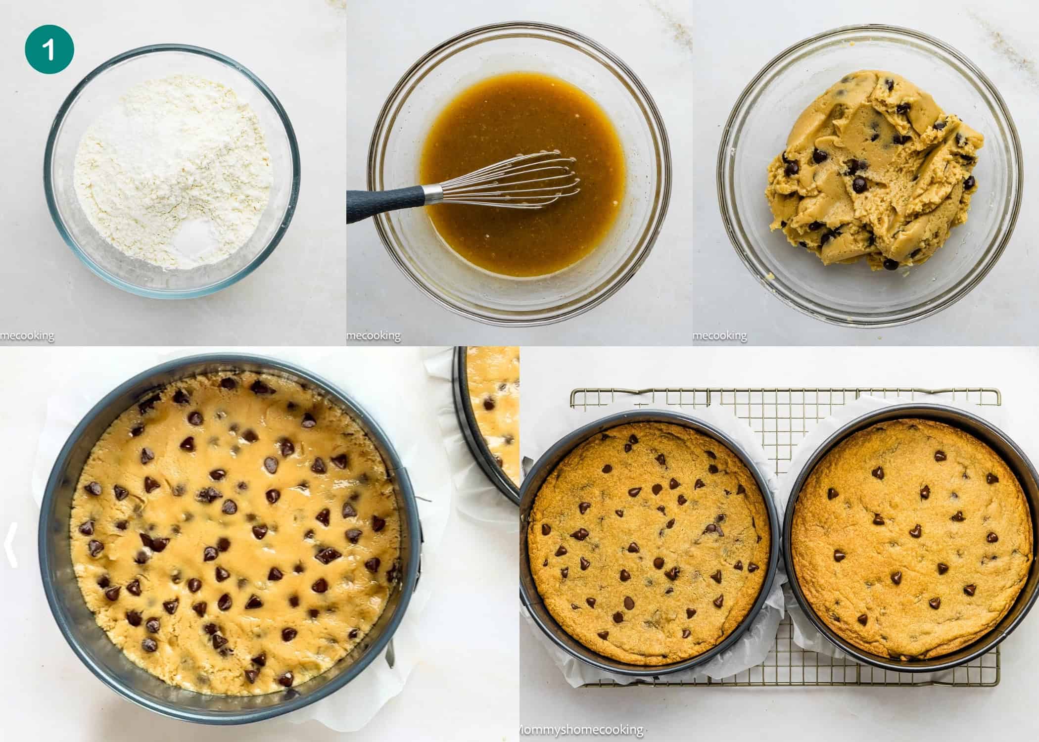 A collage shows steps of making Eggless Chocolate Chip Cookie Ice Cream Cake: dry ingredients, wet ingredients, mixed dough, dough in pans, and baked cookie cakes cooling on a rack.
