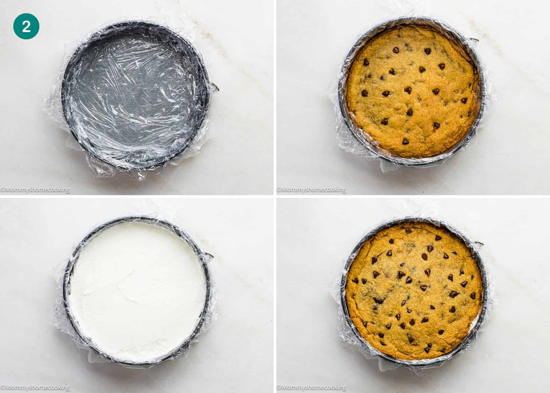 Four-step collage showing a round baking pan lined with plastic wrap, an eggless chocolate chip cookie base, a layer of white cream, and a finished Eggless Chocolate Chip Cookie Ice Cream Cake topped with cookies.