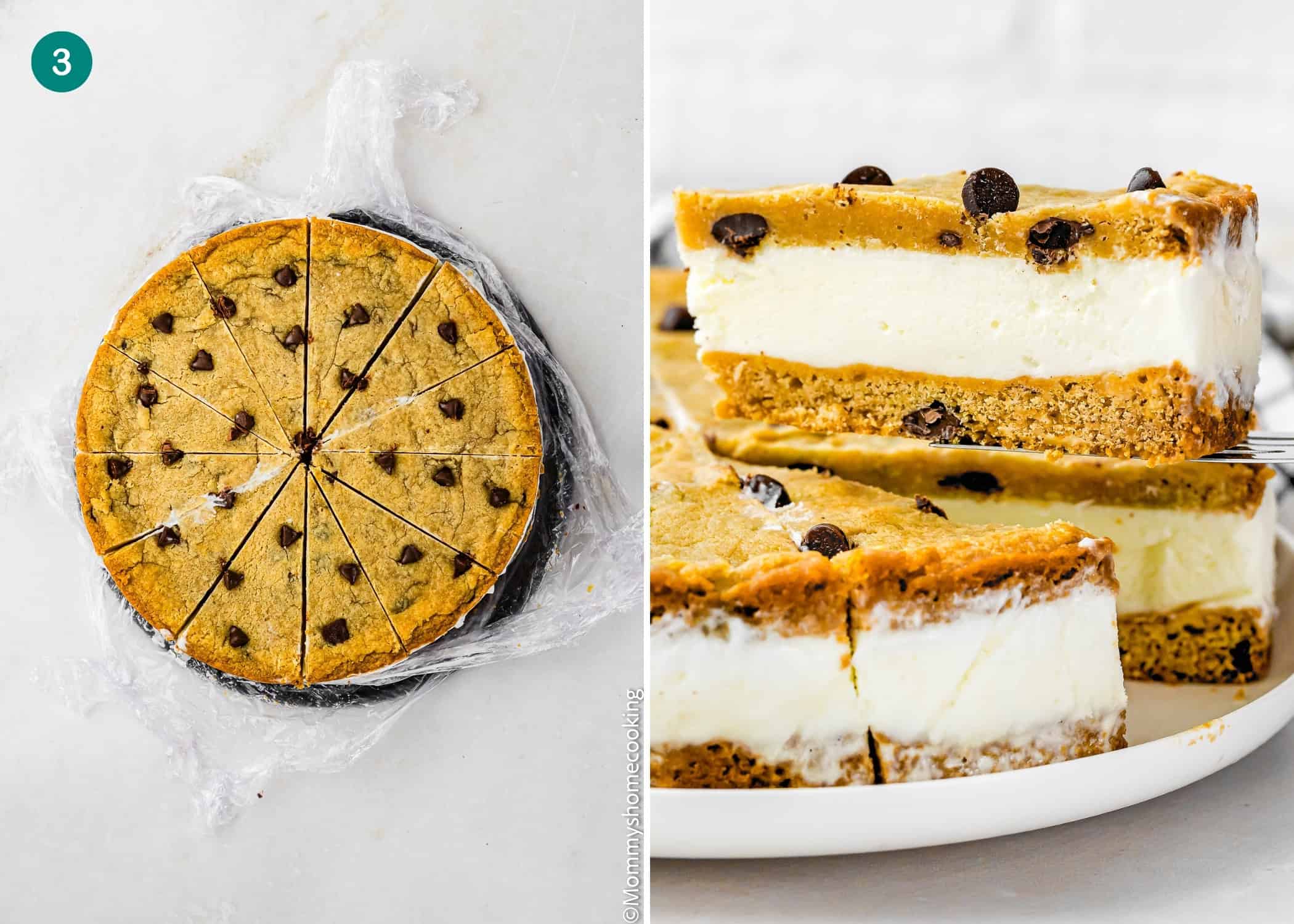 A round Eggless Chocolate Chip Cookie Ice Cream Cake cut into slices, with a close-up of stacked pieces showing creamy ice cream layered between cookie layers.
