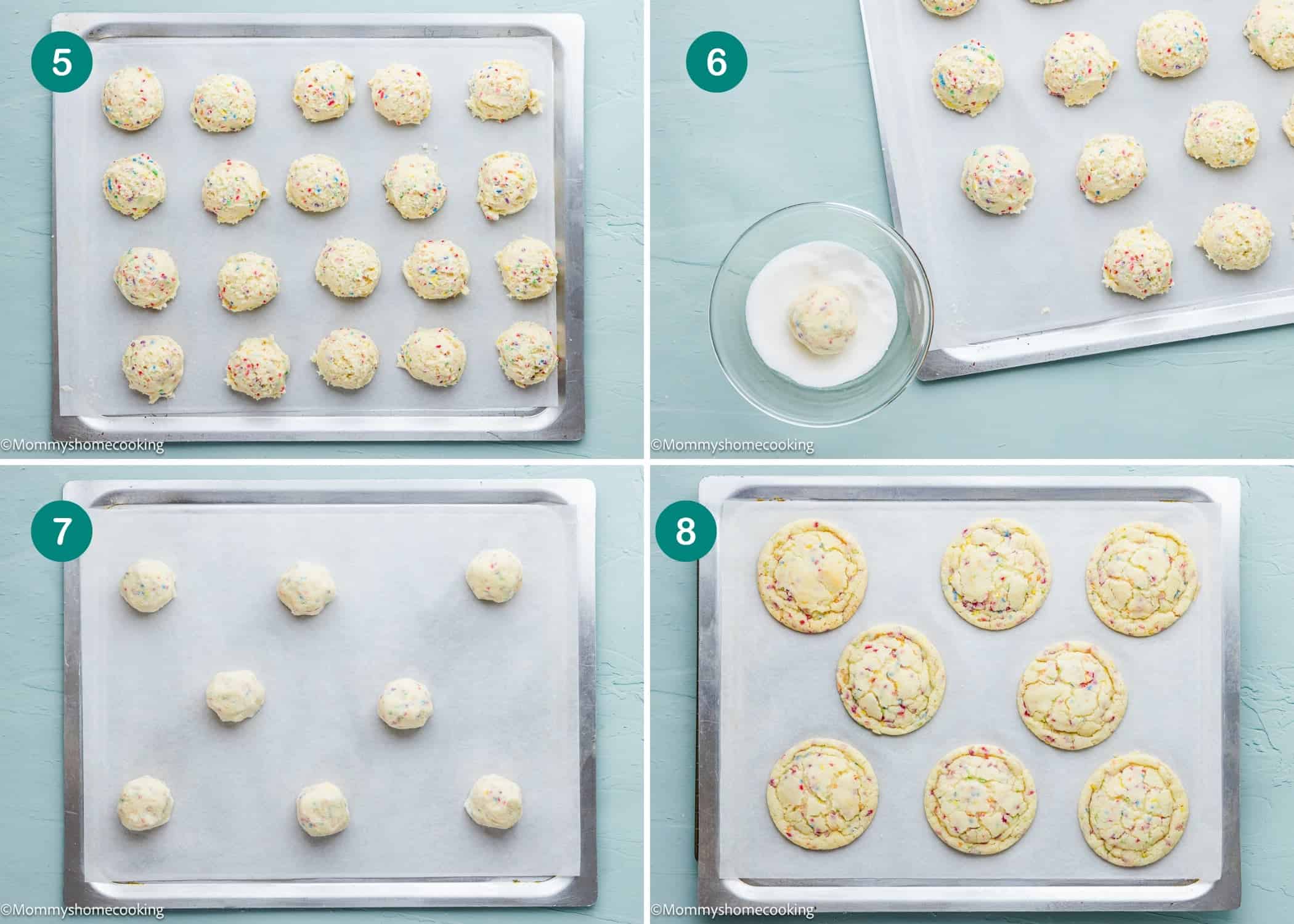 Collage of Eggless Drop Sugar Cookies with Sprinkles, showing dough balls on baking sheets and finished cookies.
