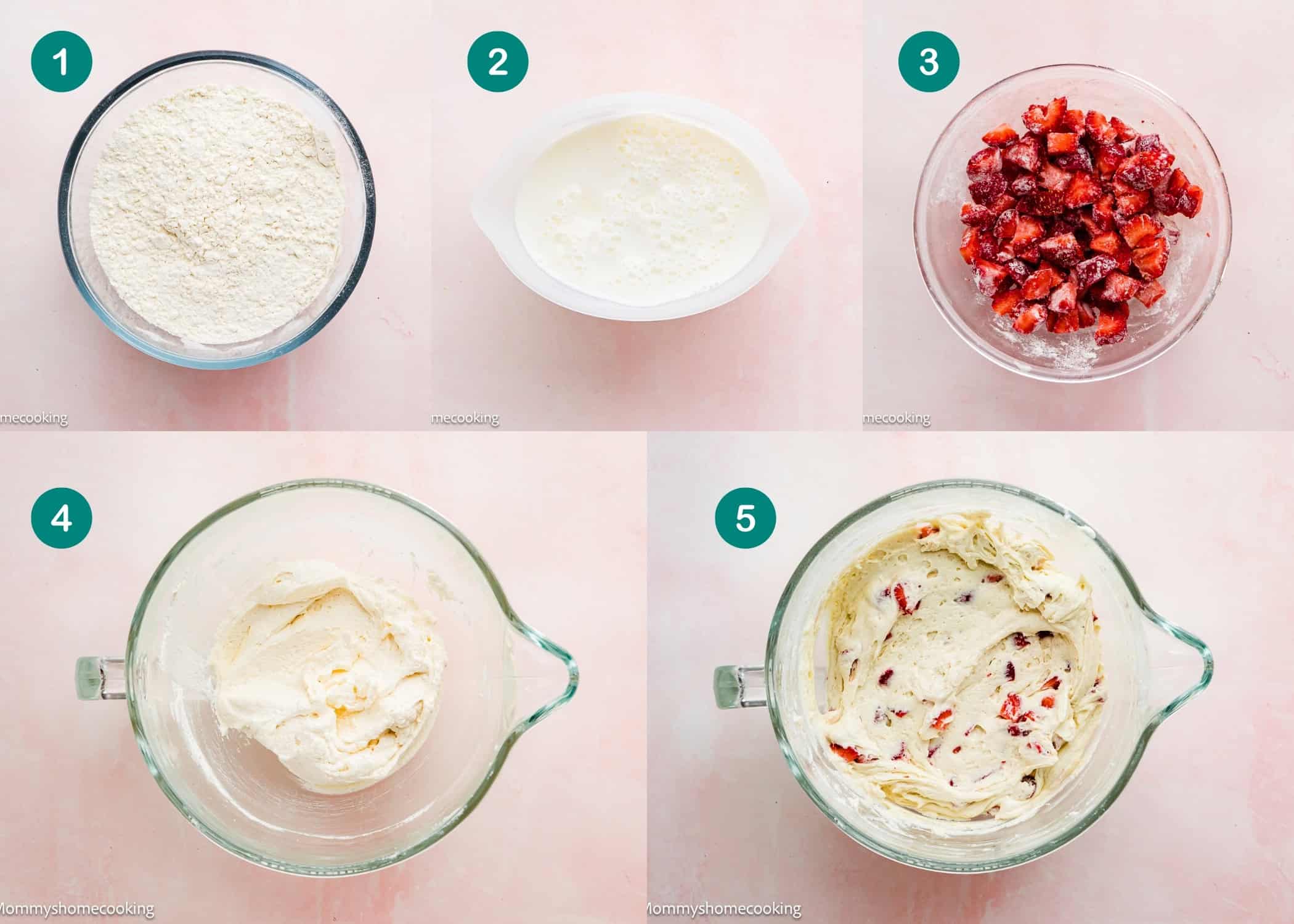 Five-step collage showing bowls for Eggless Strawberry Pound Cake with Fresh Strawberries: dry ingredients, liquid mixture, chopped strawberries, creamed mixture, and final batter mixed with strawberries, all on a pink background.
