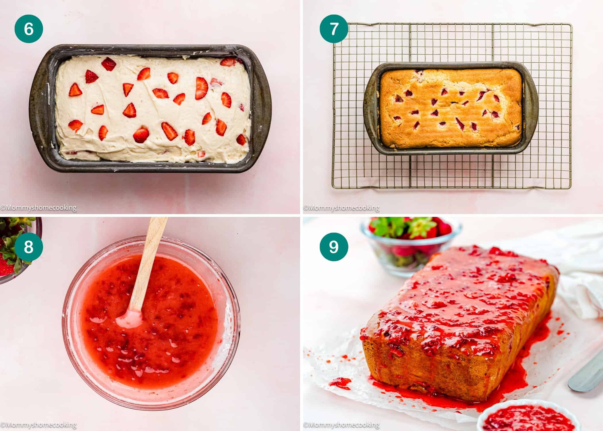 A four-step process shows Eggless Strawberry Pound Cake with Fresh Strawberries: batter with strawberries in a pan, baked loaf cooling, strawberry sauce in a bowl, and loaf topped with sauce on a plate.