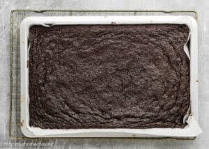 A large rectangular tray of Eggless Brownie Ice Cream Sandwiches in a parchment-lined pan sits on a wire cooling rack.