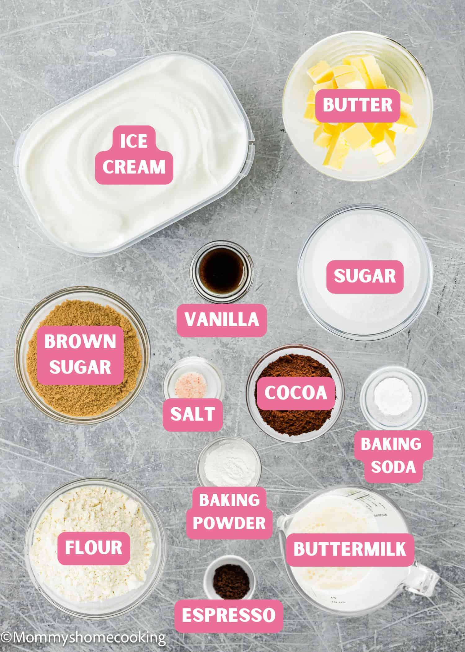Top view of labeled baking ingredients for Homemade Eggless Brownie Ice Cream Sandwiches, including ice cream, butter, sugars, vanilla, cocoa, baking powder and soda, flour, buttermilk, and espresso on a gray surface.