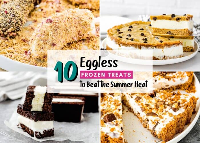 A collage of delicious eggless frozen desserts—ice cream bars, sandwiches, and pies—with text overlay: "10 Eggless Frozen Treats to Beat the Summer Heat." Cool off with these refreshing summer treats!.