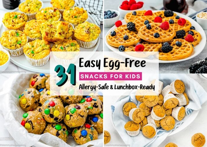 Collage of egg-free snacks for kids, including muffins, waffles with berries, cookie dough bites with candies, and mini muffins. Text overlay highlights "31 Easy Egg-Free Snacks for Kids (Allergy-Safe & Lunchbox-Ready).