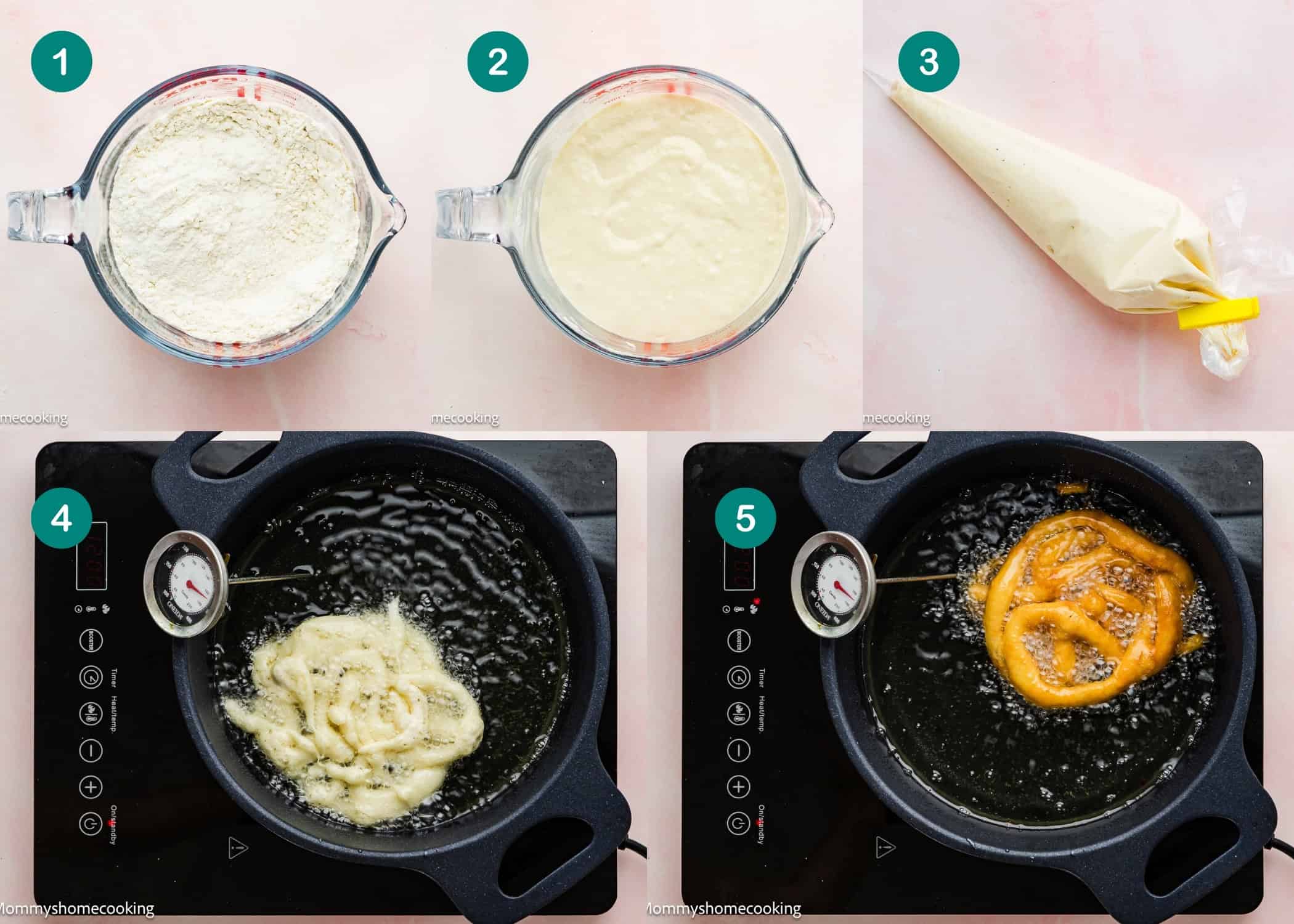 Step-by-step images show churro batter being mixed, placed in a piping bag, and piped into hot oil for frying—similar to making an Eggless Funnel Cake Recipe—with a thermometer measuring oil temperature.