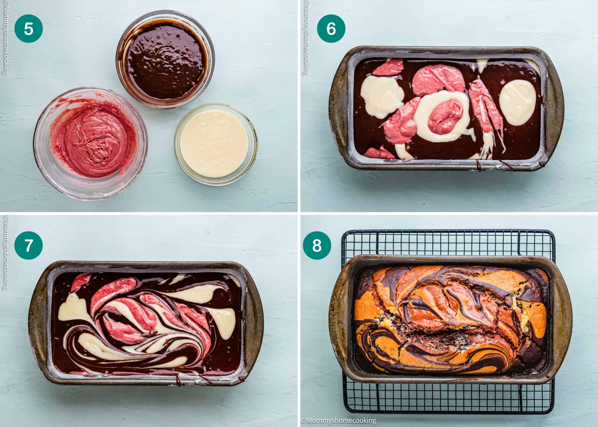Four images show bowls of batter, a loaf pan with Eggless Neapolitan Loaf Cake batter being layered and swirled, and the finished baked marble loaf cooling on a wire rack.
