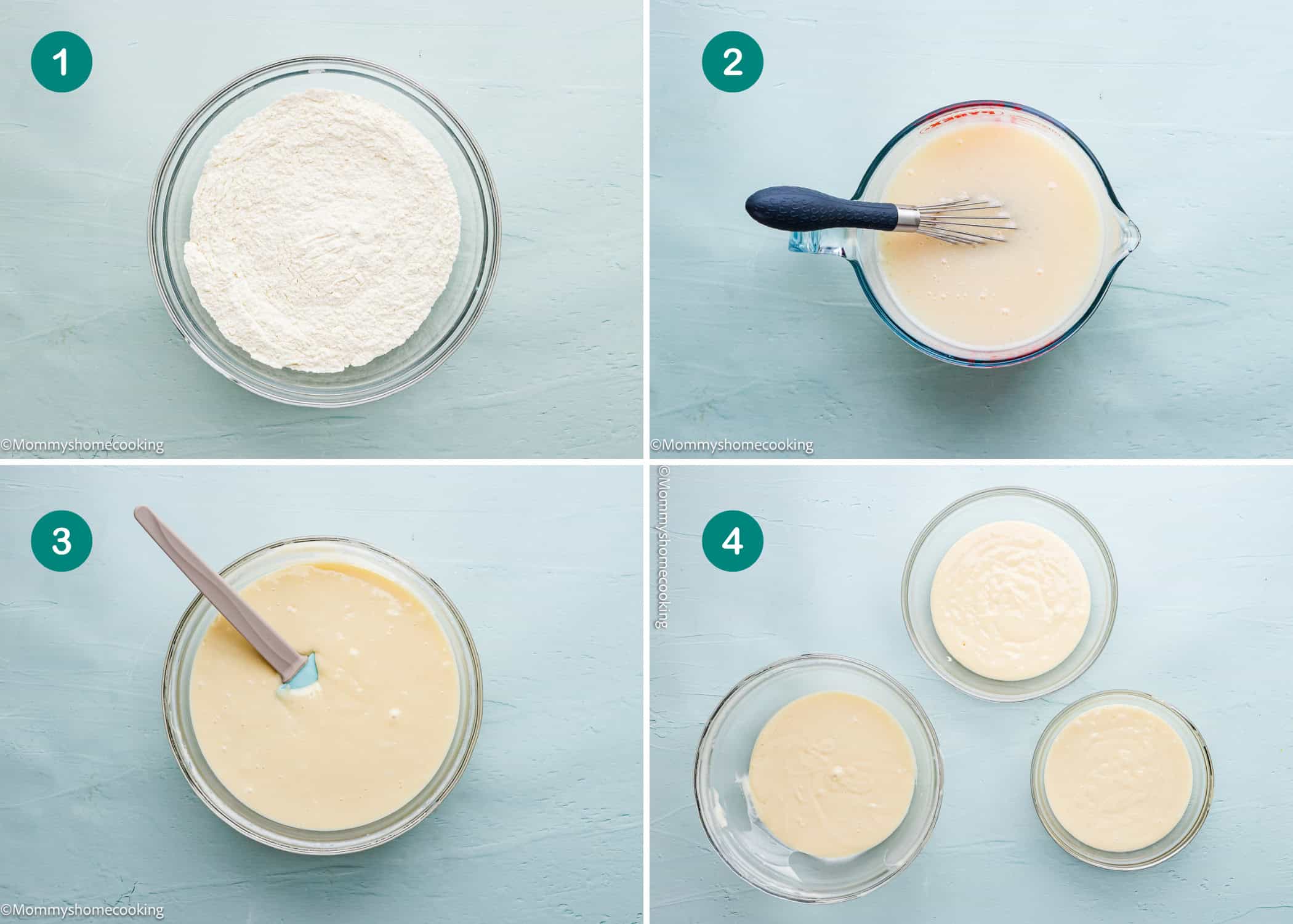 Step-by-step mixing process for an Eggless Neapolitan Loaf Cake: flour in a bowl, wet ingredients whisked, batter mixed in a bowl, and three bowls with finished batter.
