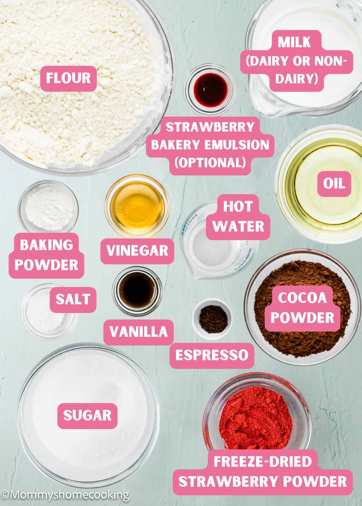 Various baking ingredients, perfect for making an Eggless Neapolitan Loaf Cake, including flour, non-dairy milk, oil, sugar, cocoa powder, salt, baking powder, vinegar, vanilla, espresso, hot water, and freeze-dried strawberry powder are displayed.
