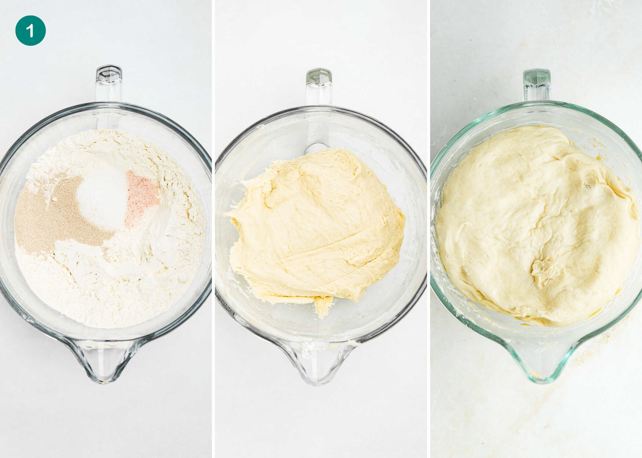 Three glass bowls show stages of bread dough—dry ingredients, mixed dough, and risen dough—perfect for making Eggless Sticky Buns on a light surface.