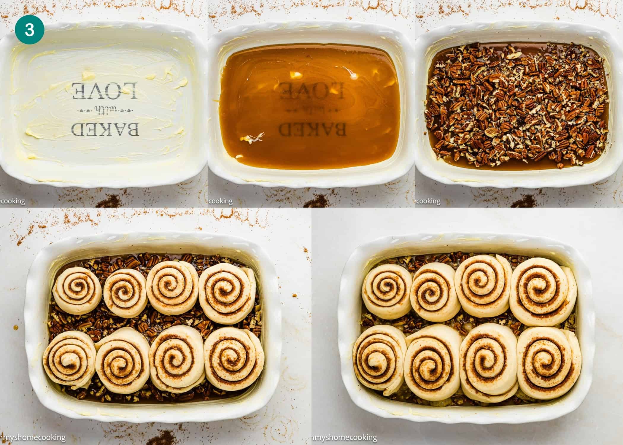 Four-step process of making Eggless Sticky Buns: greased baking dish, layer of caramel and pecans, cinnamon rolls arranged on top, then cinnamon rolls ready to bake.