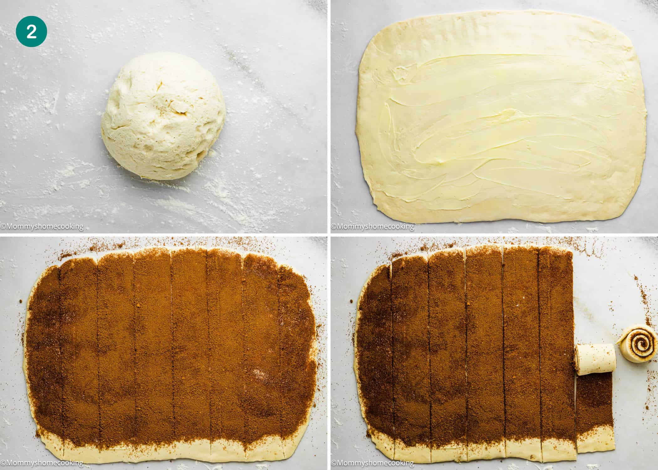 Four-step process of making Eggless Sticky Buns: dough ball, rolled out dough with butter, dough covered with cinnamon sugar, and dough being rolled up into a log.