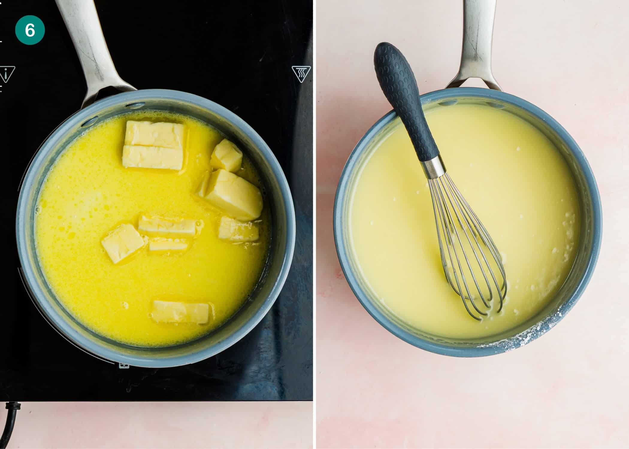 Side-by-side images: on the left, butter melting in a saucepan; on the right, a smooth yellow mixture being whisked in the same pan for an Eggless White Texas Sheet Cake.