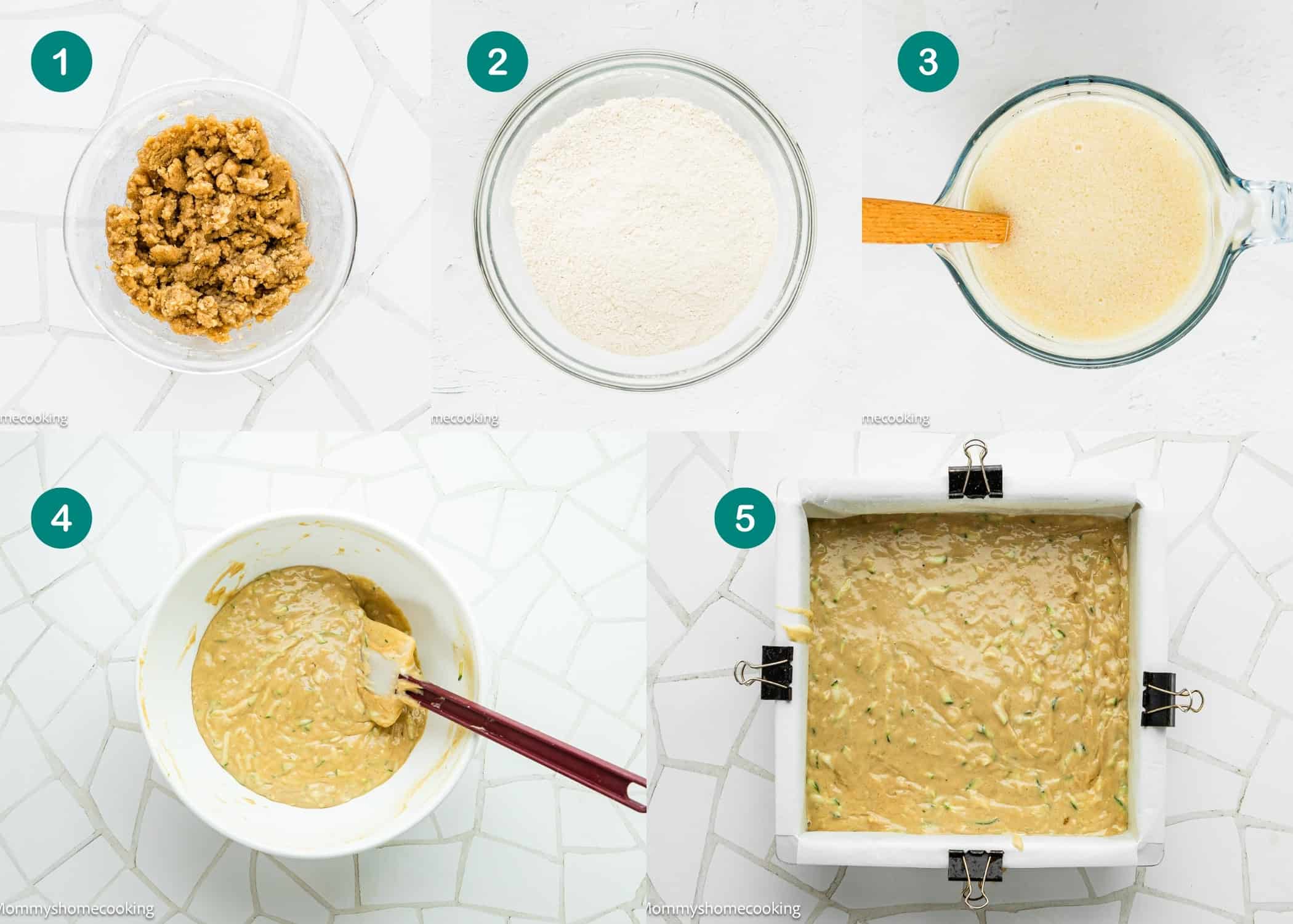Five-step collage showing the process of making Eggless Zucchini Coffee Cake: brown mixture in bowl, flour, wet mixture, combined batter, and batter in a parchment-lined square pan ready for baking.