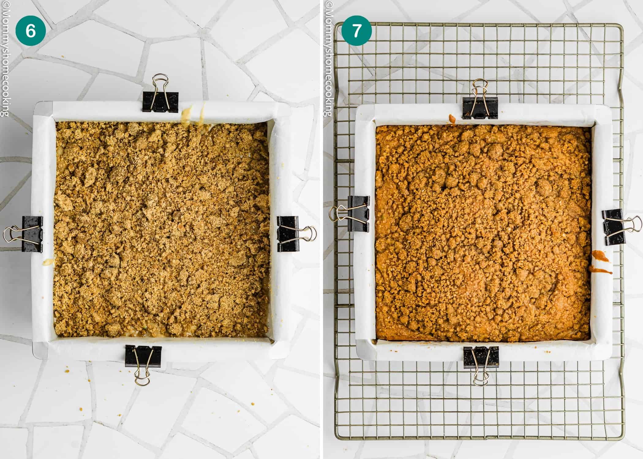 Side-by-side images show an unbaked Eggless Zucchini Coffee Cake with a crumb topping in a parchment-lined pan (left) and the same dessert fully baked on a cooling rack (right).