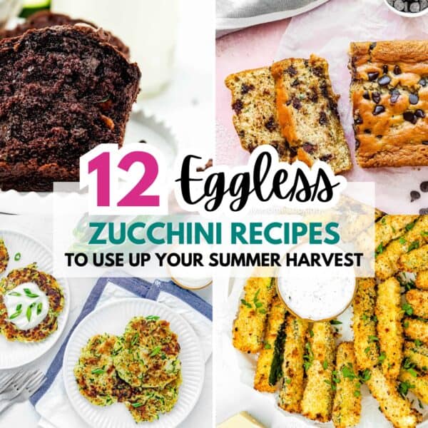 Collage of eggless zucchini recipes, including chocolate bread, chocolate chip bread, fritters, and breaded zucchini sticks, with text overlay: "The Best Eggless Zucchini Recipes to Use Up Your Summer Harvest (Sweet and Savory) – 12 delicious ways to enjoy your garden bounty.